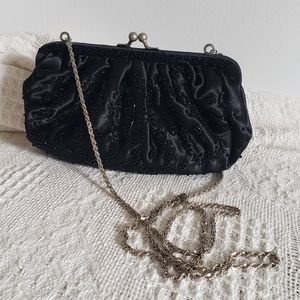 Vintage La Regale Black Beaded Evening Bag Metal Chain Clutch Purse